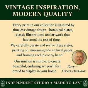 The image is a promotional poster for a company called "Vintage Inspiration, Modern Quality". It features a man's portrait, a quote from the owner, and a description of the company's mission.