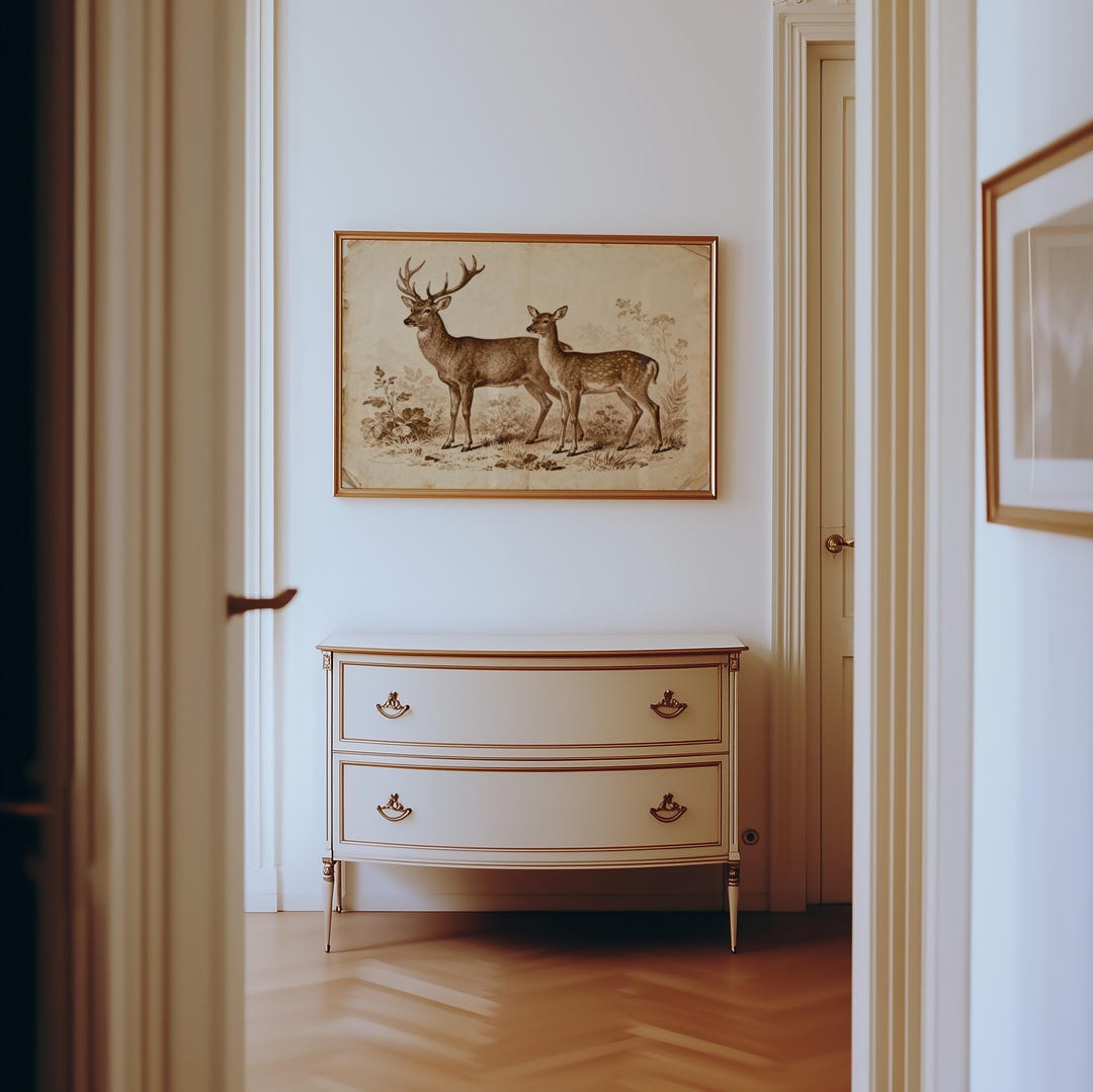 Vintage Deer Pair Art Print – Rustic Wildlife Illustration, Nature ...