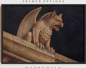 Vintage Gargoyle on Ledge Art Print with Frames or Framed - Gothic Architectural Illustration for Eclectic Wall Decor and Dark Academia