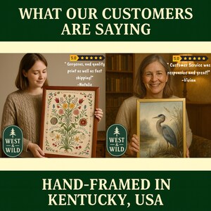 The image is a collage of two photos featuring two women holding framed artworks. The text above the collage reads "WHAT OUR CUSTOMERS ARE SAYING" and "HAND-FRAMED IN KENTUCKY, USA".