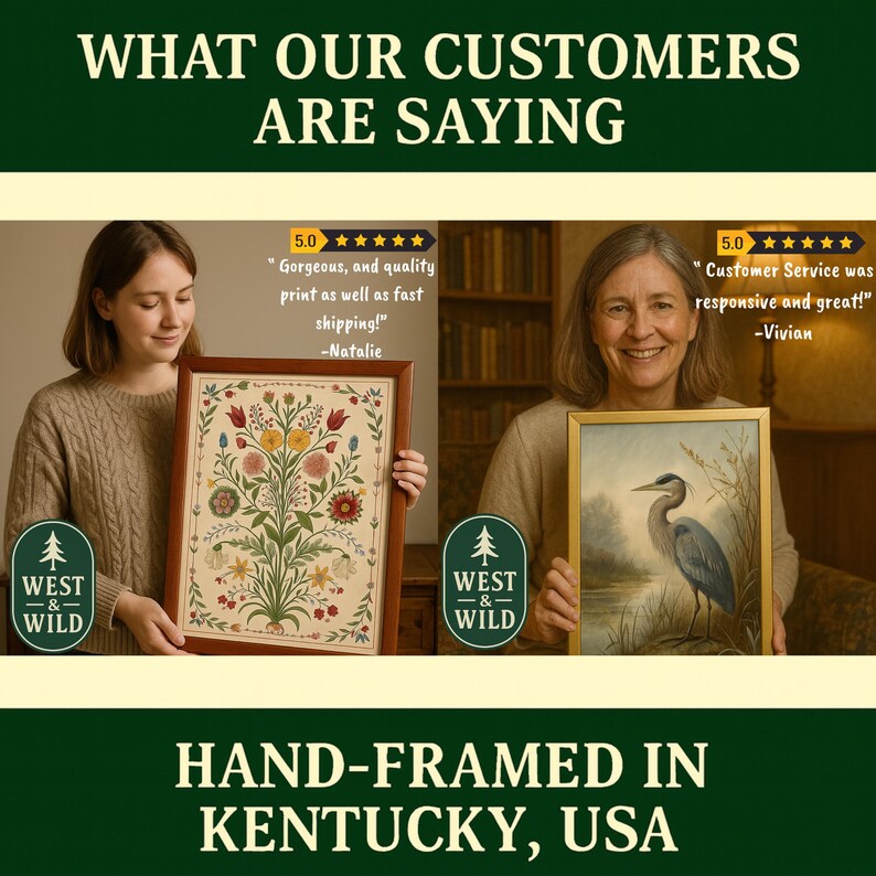 The image is a collage of two photos featuring two women holding framed artworks. The text above the collage reads "WHAT OUR CUSTOMERS ARE SAYING" and "HAND-FRAMED IN KENTUCKY, USA".
