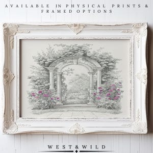 May include: A framed print featuring a black and white garden scene with an arched entrance, columns, and purple flowers. The ornate white frame has decorative detailing. Text at the top reads "AVAILABLE IN PHYSICAL PRINTS & FRAMED OPTIONS". The bottom text reads "WEST & WILD".