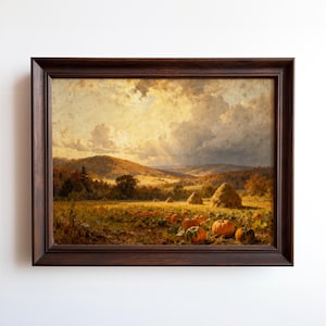 Folk Art Harvest Scene with Pumpkins and Haystacks, Autumn Countryside Art Print | Farmhouse Decor, Framed or Unframed