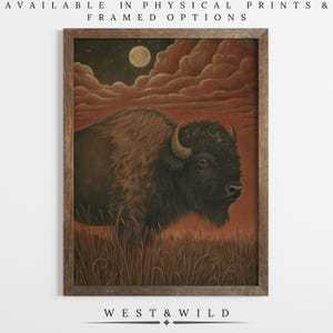Primitive Buffalo Art Print - Rustic Bison Folk Art - Western Decor - Full Moon Prairie Scene - Print or Framed - Cottagecore Wall Art Print