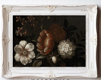 Dark Floral Art | Copper and Cream Flower Painting | Painting Of Dramatic Botanical Wall Decor | Framed Botanical Artwork Wall Art Prints