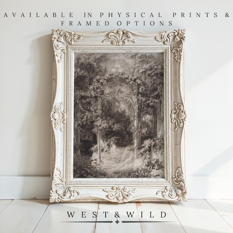 Victorian Art, Lovers In Forest, 19th Century Etchings, Italian Artwork, Muted Wall Art Prints, Vintage Style Illustrations image 1