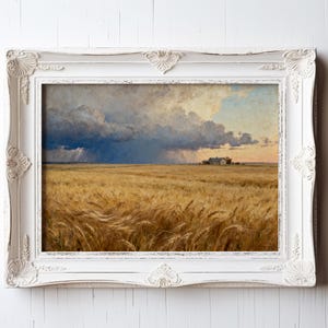 The image is a painting of a field of golden wheat under a stormy sky, with a house visible in the distance.