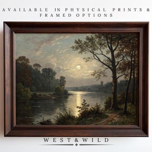 Moonlit Lake In Forest Painting, Moon Light On Lake Wall Art Prints, Vintage Style Landscape Artwork, Rustic Home Wall Decor