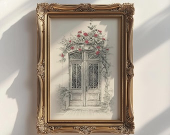 French Door Wall Art Print With Roses Framed  Unframed Vintage Paris Cottagecore Decor Romantic Line Drawing Feminine Home Framing Available