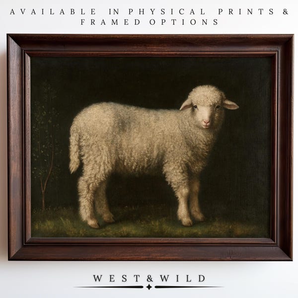 Sheep Wall Art Print of Vintage Farm Animal with Woolly Fleece and Pastoral Setting for Farmhouse and Traditional Home Decor Nursery Decor