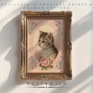 Cute Kitten Art For Nursery, Painting Of Kittens, Prints For Nursery, Victorian Wall Art Posters, Antique Style, Framed ,  Pink