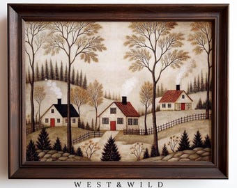 Rustic Folk Art Village Print - Primitive Country Cottages with Red Doors - Farmhouse Decor - Cozy Rural Landscape -  Framed Countryside Art