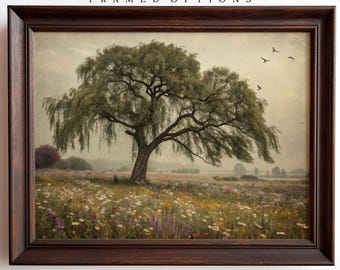 Weeping Willow Tree Painting, Wildflower Wall Art Prints, Willow Tree Artwork, Field of Wildflowers Art Print, Moody Tree Art