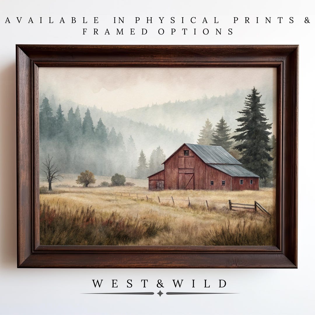 Red Barn in A Field Art Painting, Farm Landscape Wall Art Prints, Art ...