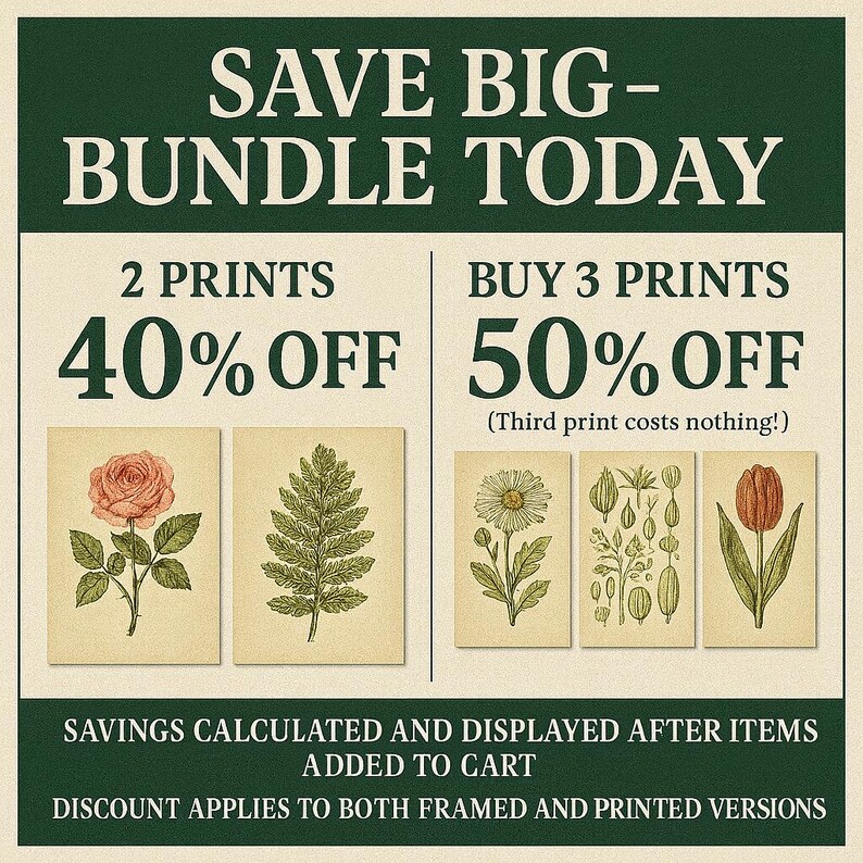 The image is a promotional poster advertising a sale on prints. It features two options for purchasing prints: buying 2 prints at 40% off and buying 3 prints at 50% off. The poster also mentions that the third print costs nothing, and it highlights the savings that can be calculated and displayed after items are added to the cart. The poster encourages customers to apply the discount to both framed and printed versions.