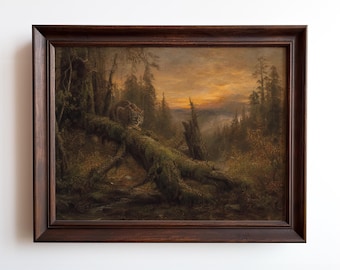 Bobcat in Forest at Sunset Art Print | Wilderness Landscape Oil Painting | Lodge Style Wall Decor | Framed or Unframed