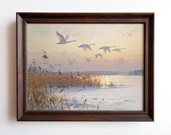 Swans Flying Over Frozen Lake Art Print | Winter Watercolor Bird Wall Art | Country Home Decor | Framed or Unframed