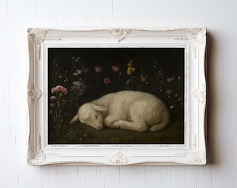 Sleeping Lamb Among Flowers | Vintage Pastoral Animal Art Print | Farmhouse Wall Décor for Nursery or Home