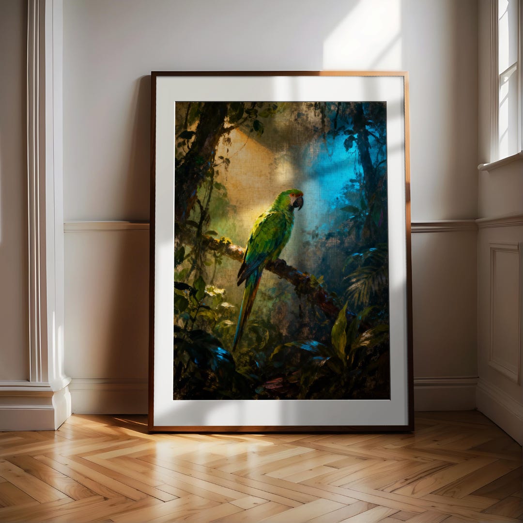 Painting of a Green Parrot on a Jungle Branch, Vintage Tropical Bird ...