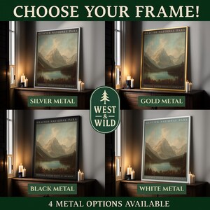 The image is a collage of four framed pictures, each depicting a different landscape, including a mountain range and a lake. The frames are labeled with the different metal options available, such as "Silver Metal", "Gold Metal", "Black Metal", and "White Metal".