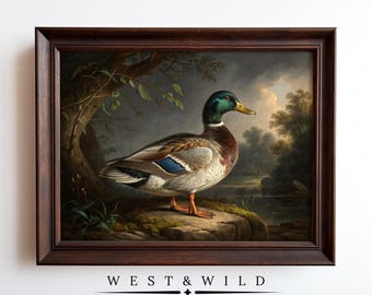 Mallard Duck Pond Painting Vintage Wall Art Print Moody Framed Waterfowl Artwork Of Retro Illustration For Farmhouse With Frames  Hunter