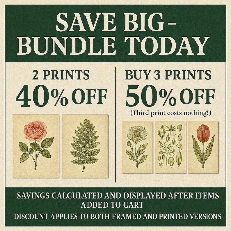 The image is a promotional poster advertising a sale on prints. It features two options for purchasing prints: buying 2 prints at 40% off and buying 3 prints at 50% off. The poster also mentions that the third print costs nothing, and it highlights the savings that can be calculated and displayed after items are added to the cart. The poster encourages customers to apply the discount to both framed and printed versions.
