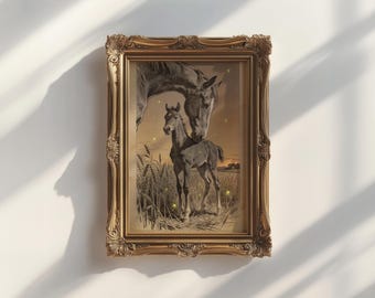 Mare and Foal in Wheat Field Art Print | Rustic Equestrian Decor | Framed or Unframed