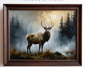 Elk In Forest Oil Painting, Wildlife Wall Art Prints, Wildlife Scenery Artwork, Vintage Style Hunting Decor, Stag Art, Gift For Elk Hunter