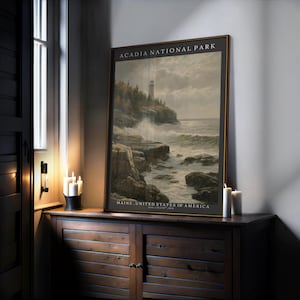 Acadia National Park Poster in Maine, Botanical Seaside Art Illustrations of Otter Cliffs and Coastal Pines for Home in Frames Acadia Prints
