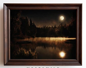 Serene Moonlit Lake Art Print, Misty Night Landscape with Boat, Nature Wall Decor for Bedroom or Living Room, Calming Forest Scene
