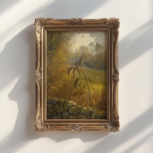 May include: A rectangular wall art piece featuring a landscape painting of a field with a stone wall in the foreground and trees in the distance, enclosed in an ornate, metallic gold-toned frame with intricate carved detailing along the edges.