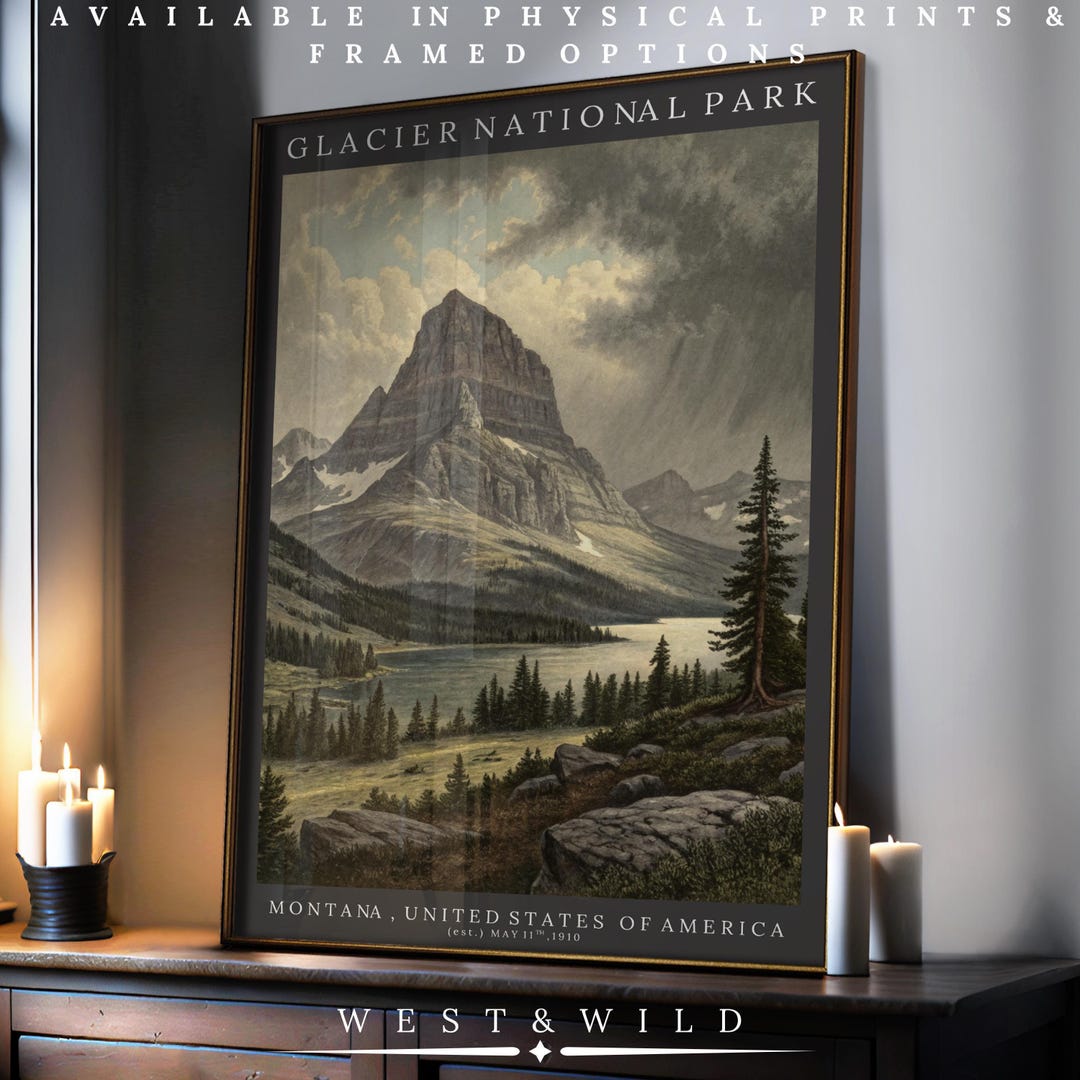 Framed Glacier National Park Vintage Art Print - Montana Mountain ...