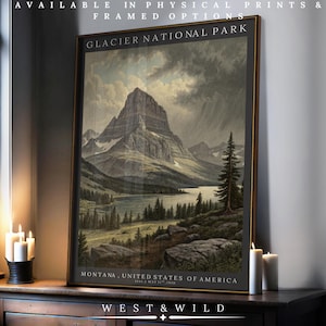 Framed Glacier National Park Vintage Art Print - Montana Mountain Landscape - Alpine Lake Poster - Wilderness Wall Art - With Frames