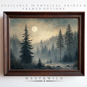 Moonlit Winter Forest Painting, Watercolor Moon Painting, Pine Tree Artwork, Cabin Decor, Forest Landscape Art Work With Frames