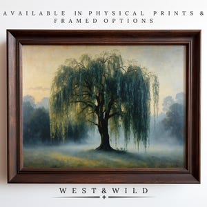 Weeping Willow Tree Art, Willow Tree painting, Vintage Style Landscape Artwork, Misty Meadow Prints, Country Home Decor