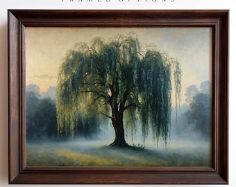 Weeping Willow Tree Art, Willow Tree painting, Vintage Style Landscape Artwork, Misty Meadow Prints, Country Home Decor