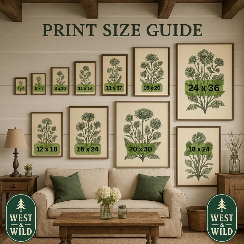 The image is a living room with a couch, coffee table, and various decorative elements such as vases and potted plants. Above the couch, there is a print size guide with different frame sizes and corresponding plant illustrations.