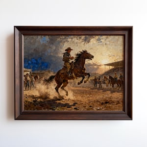 Cowboy Riding a Bucking Horse in a Rodeo Arena, Western Action Painting of the American West – Framed or Unframed.