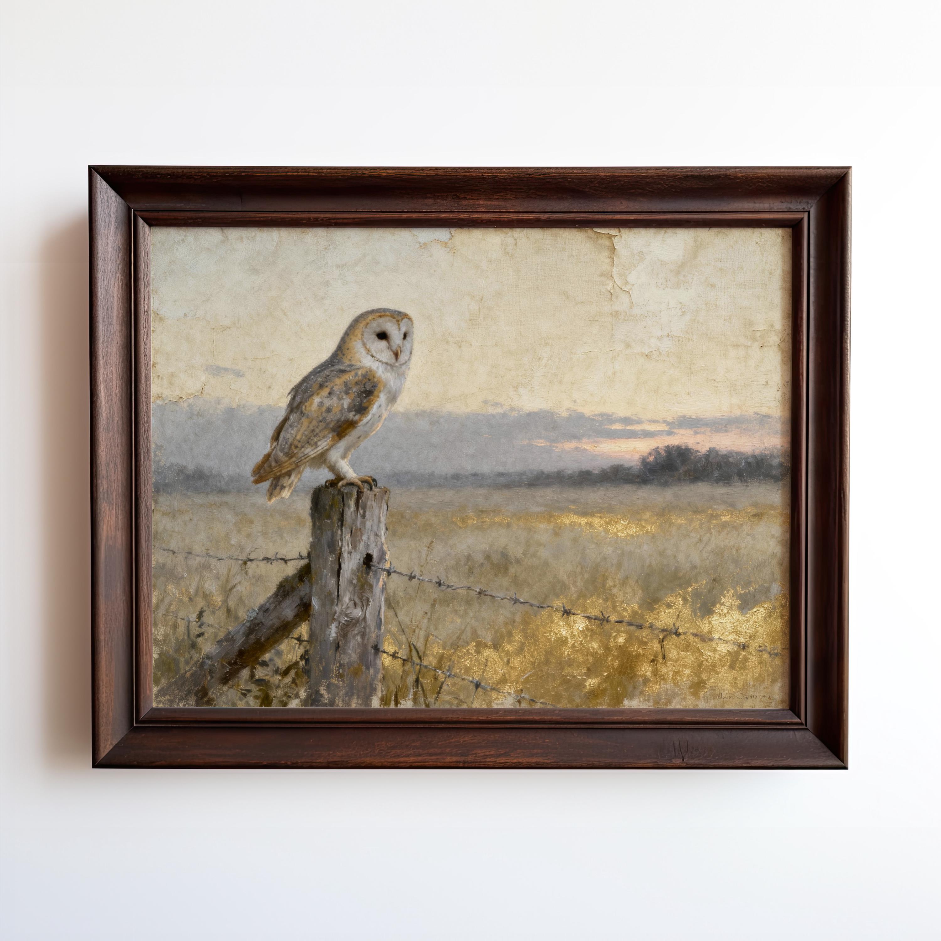 Vintage Barn Owl Painting on Fence Post, Antique Style Wildlife Art Print – Framed or Unframed