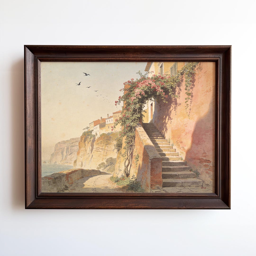 Italian Coastal Stairway Art Print | Mediterranean Cliffside Village ...