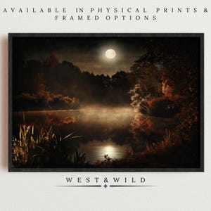 Mystical Moonlit Lake Art Print - Foggy Night Landscape Wall Decor with Full Moon Glow - Framed Landscape Prints - Moonlight Art