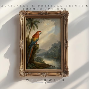 Parrot In Jungle Painting,  Parrot Wall Art Prints, Framed Prints Of Birds, Vintage Jungle Landscape Artwork Poster With Frames For Gift
