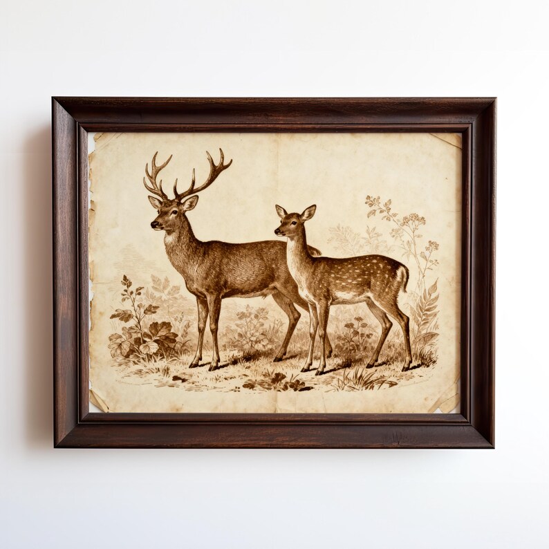 Vintage Deer Pair Art Print – Rustic Wildlife Illustration, Nature ...