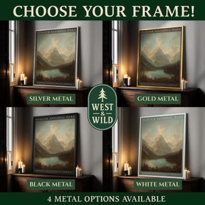 The image is a collage of four framed pictures, each depicting a different landscape, including a mountain range and a lake. The frames are labeled with the different metal options available, such as "Silver Metal", "Gold Metal", "Black Metal", and "White Metal".
