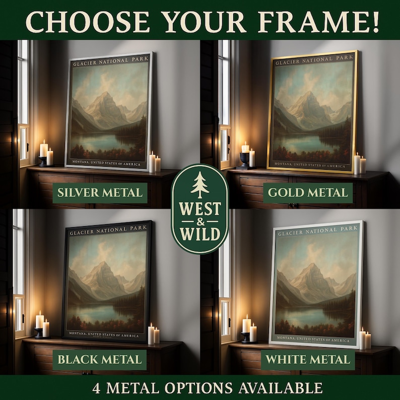 The image is a collage of four framed pictures, each depicting a different landscape, including a mountain range and a lake. The frames are labeled with the different metal options available, such as "Silver Metal", "Gold Metal", "Black Metal", and "White Metal".