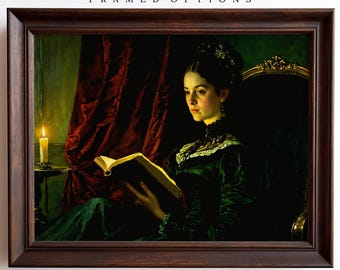 Victorian Woman Reading a Book Oil Painting, Victorian Artwork,  Vintage Style Moody Wall Art Prints, Victorian Home Decor