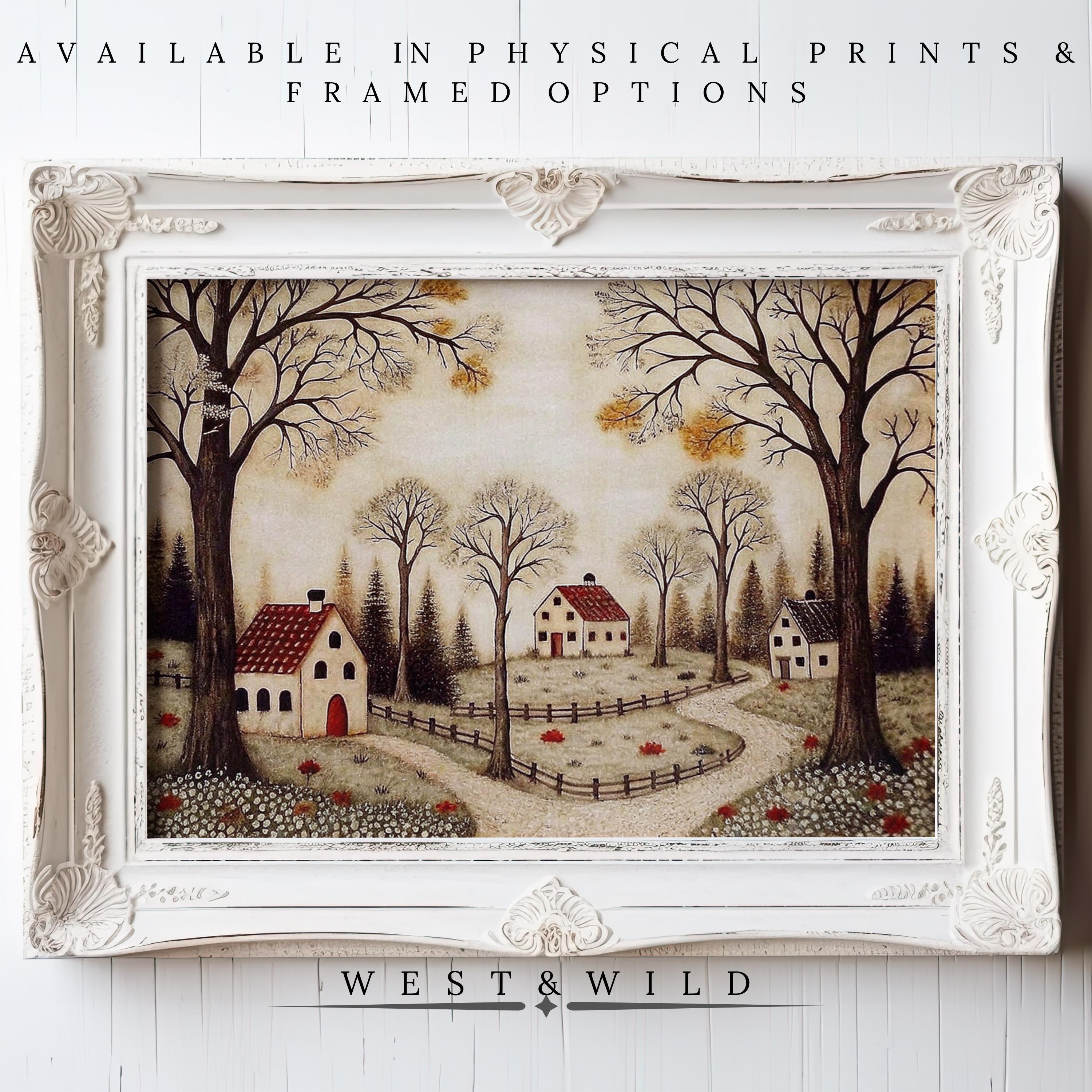 Folk Art Country Village Art Print - Primitive Cottage Landscape Painting - Framed Art - Rural Folk Illustration - Farmhouse Wall Art