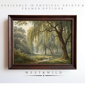 Vintage Weeping Willow Painting, Antique Style Tree Artwork, Willow Tree Sketch, Classic Country Landscape Paintings With Frames