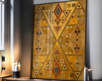 Framed Art Deco Art Print For Wall With Golden Triangle Pattern Wall Art, Mid Century Modern Decor, Artwork Of Symmetry