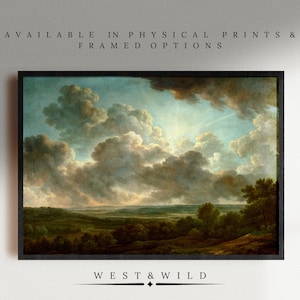 Dramatic Cloud Landscape Wall Art, Vintage Nature Painting Print, Mountain Valley Scenery, Classical Countryside Artwork, Framed Art